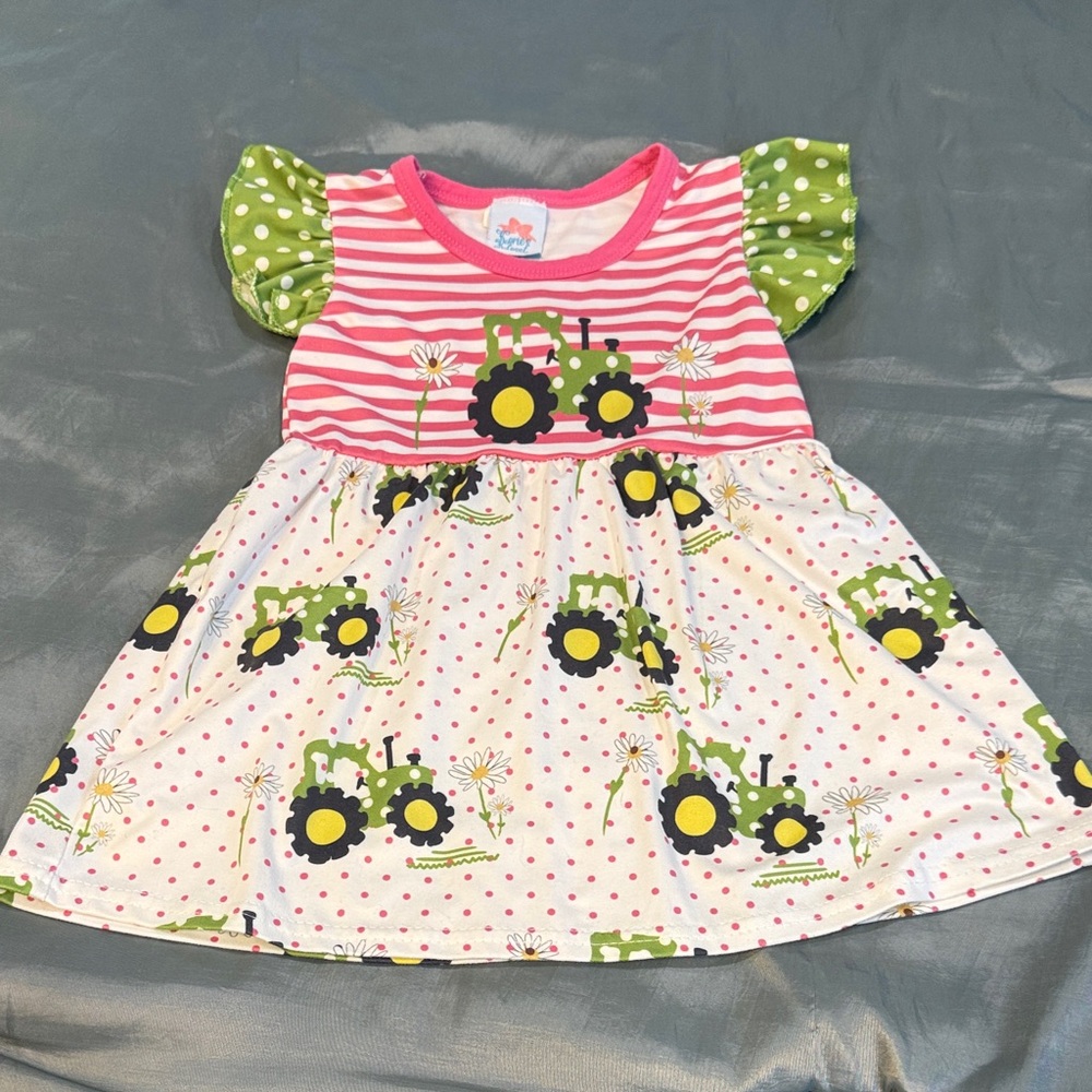 Pink and Green Tractor Vibrant Print Dress